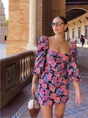 NWT Zara Floral Puff Sleeve Belted Mini Dress Pink Purple S Spring Cocktail